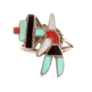 Vintage Zuni Rainbow Man Ring Size 8 Turquoise Coral Onyx Inlay Sterling Silver